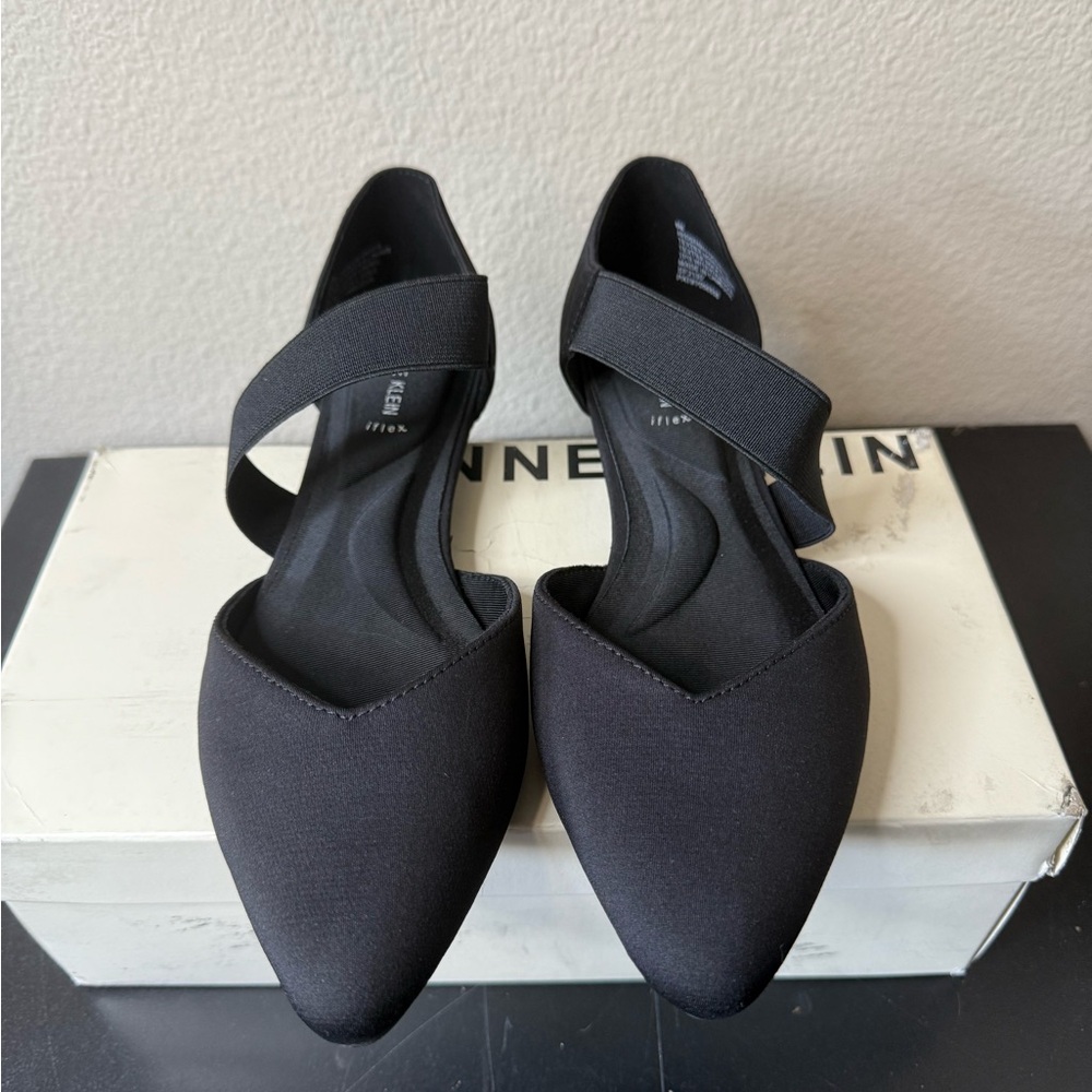 Anne Klein Black Pointed D'Orsay Flats with Elastic Cross Strap